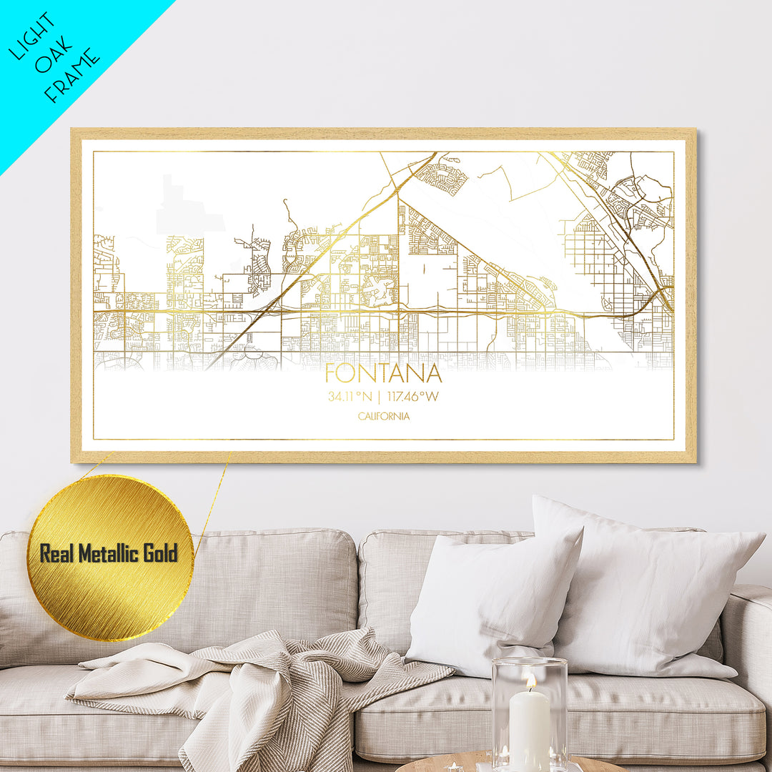 Fontana California City Poster, Metallic Gold Art, Metal Art, real wood frames, black and gold, Street Map Wall Art, Gold Street Map Art