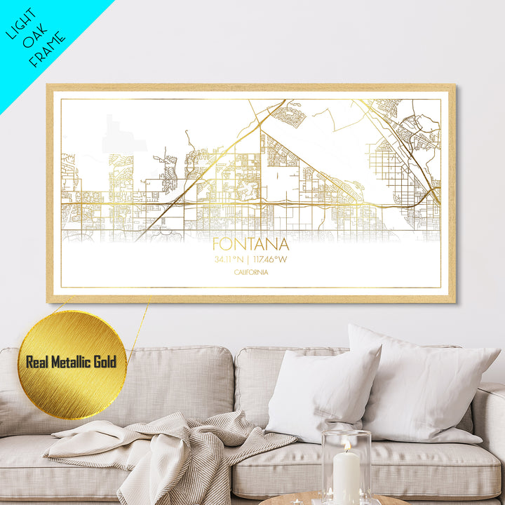 Fontana California City Poster, Metallic Gold Art, Metal Art, real wood frames, black and gold, Street Map Wall Art, Gold Street Map Art