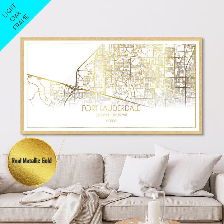 Fort Lauderdale Florida City street map, Metallic Gold Print, Metal Art, wood framed map, black and gold, Street Map Art, Housewarming Gift