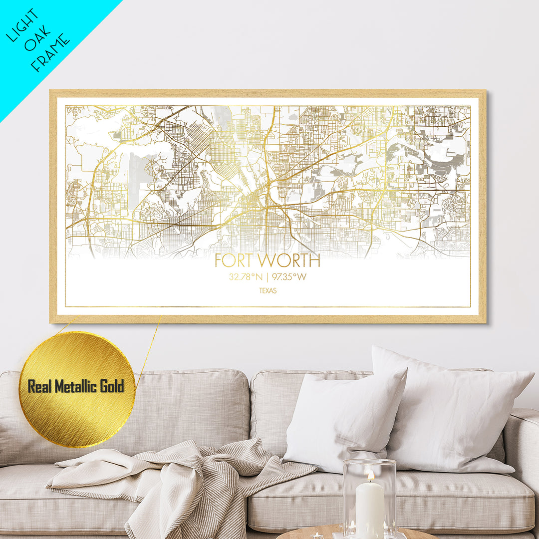 Fort Worth Texas City street map, Metallic Gold Print, Metal Art, wood framed map, black and gold, Street Map Art, Travel Poster, Real Wood Frames