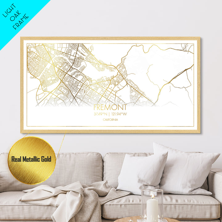 Fremont California City Poster, Metallic Gold Art, Metal Art, real wood frames, black and gold, Street Map Wall Art, Best Friend Gifts