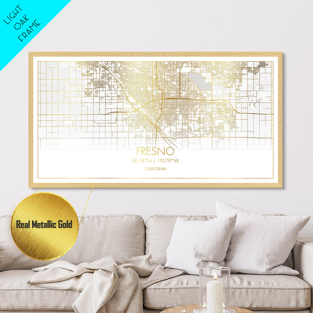 Fresno California City street map, Metallic Gold Print, Metal Art, wood framed map, black and gold, Street Map Art, Map Print Poster