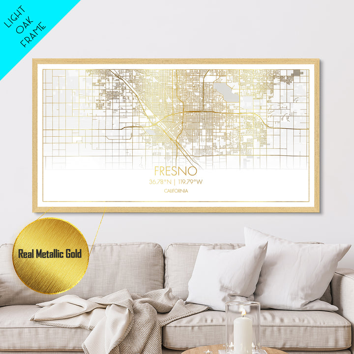 Fresno California City street map, Metallic Gold Print, Metal Art, wood framed map, black and gold, Street Map Art, Map Print Poster