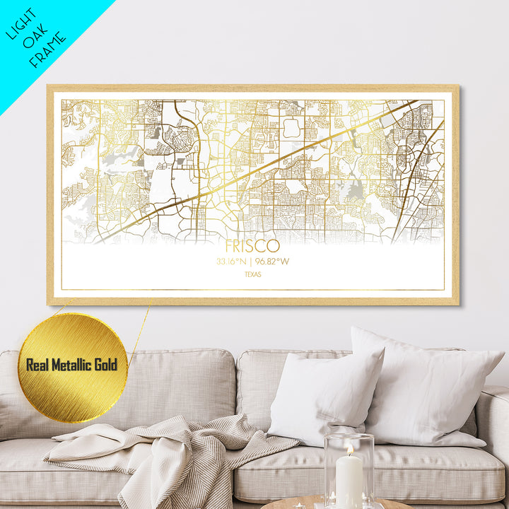Frisco Texas City Poster, Metallic Gold Art, Metal Art, real wood frames, black and gold, Street Map Wall Art, College Dorm Décor, Office Decor
