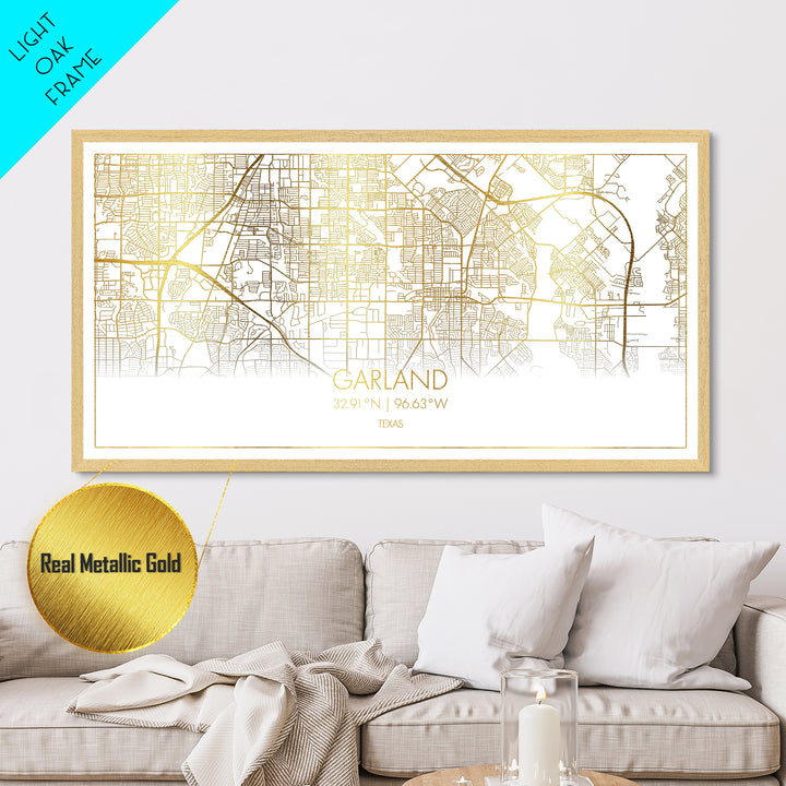 Garland Texas City Poster, Metallic Gold Art, Metal Art, real wood frames, black and gold, Street Map Wall Art, Travel Poster