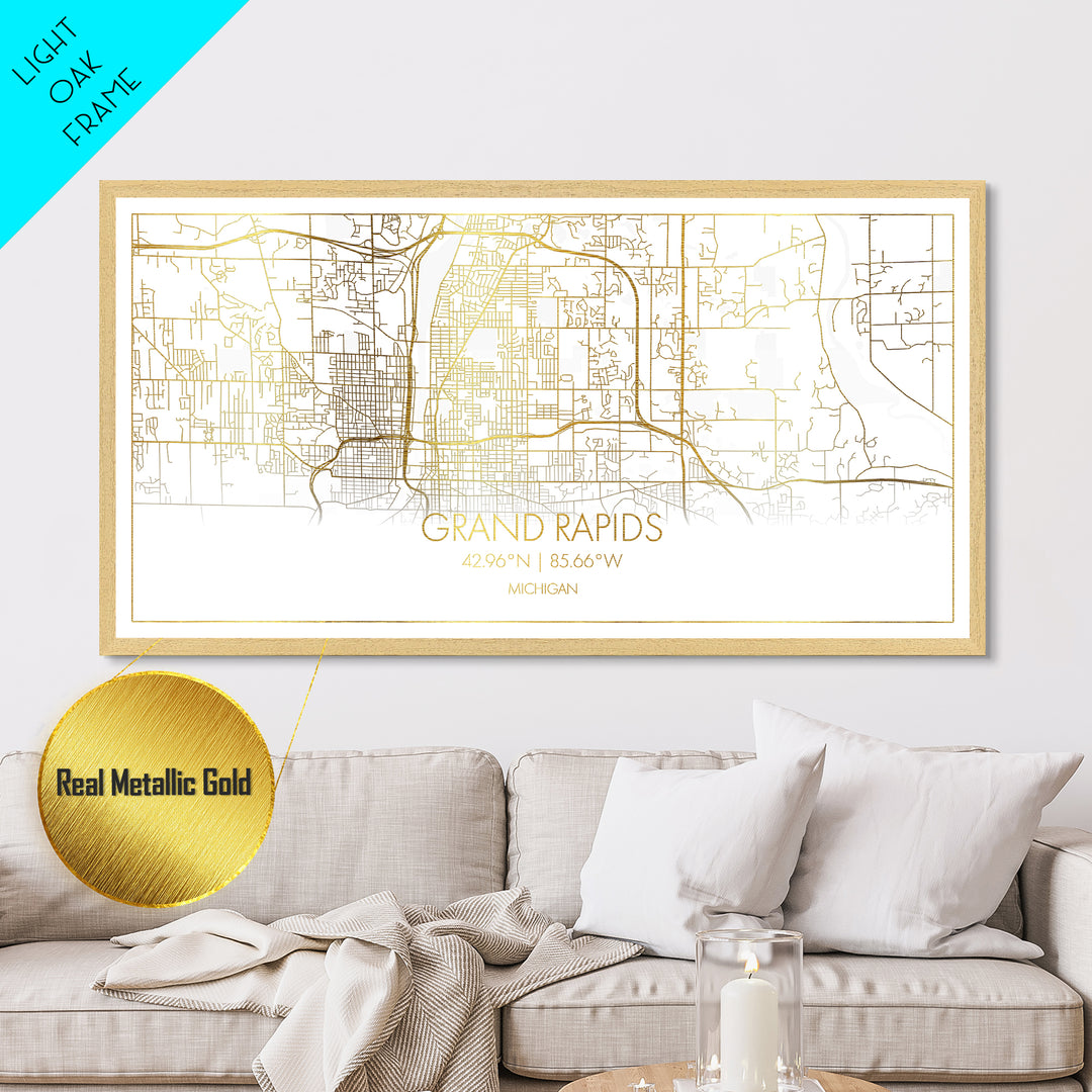 Grand Rapids Michigan City street map, Metallic Gold Print, Metal Art, wood framed map, black and gold, Street Map Art, Housewarming Gift