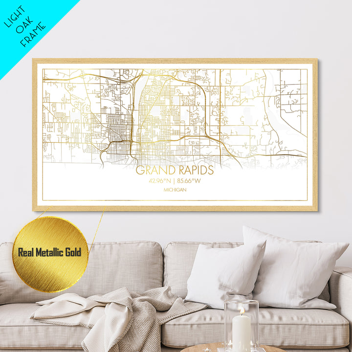 Grand Rapids Michigan City street map, Metallic Gold Print, Metal Art, wood framed map, black and gold, Street Map Art, Housewarming Gift