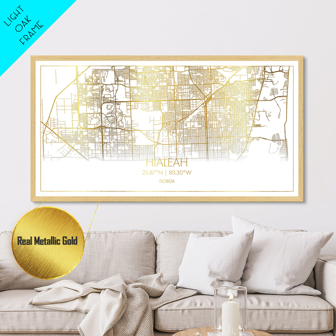 Hialeah Florida City Poster, Metallic Gold Art, Metal Art, real wood frames, black and gold, Street Map Wall Art, Map Print Poster