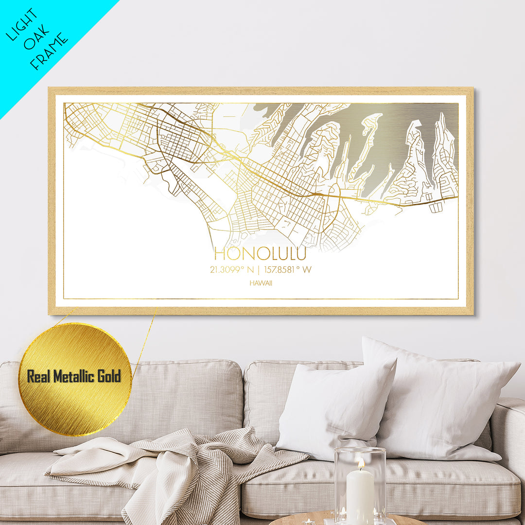 Honolulu Hawaii City Poster, Metallic Gold Art, Metal Art, real wood frames, black and gold, Street Map Wall Art, Best Friend Gifts