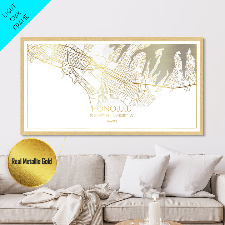 Honolulu Hawaii City Poster, Metallic Gold Art, Metal Art, real wood frames, black and gold, Street Map Wall Art, Best Friend Gifts
