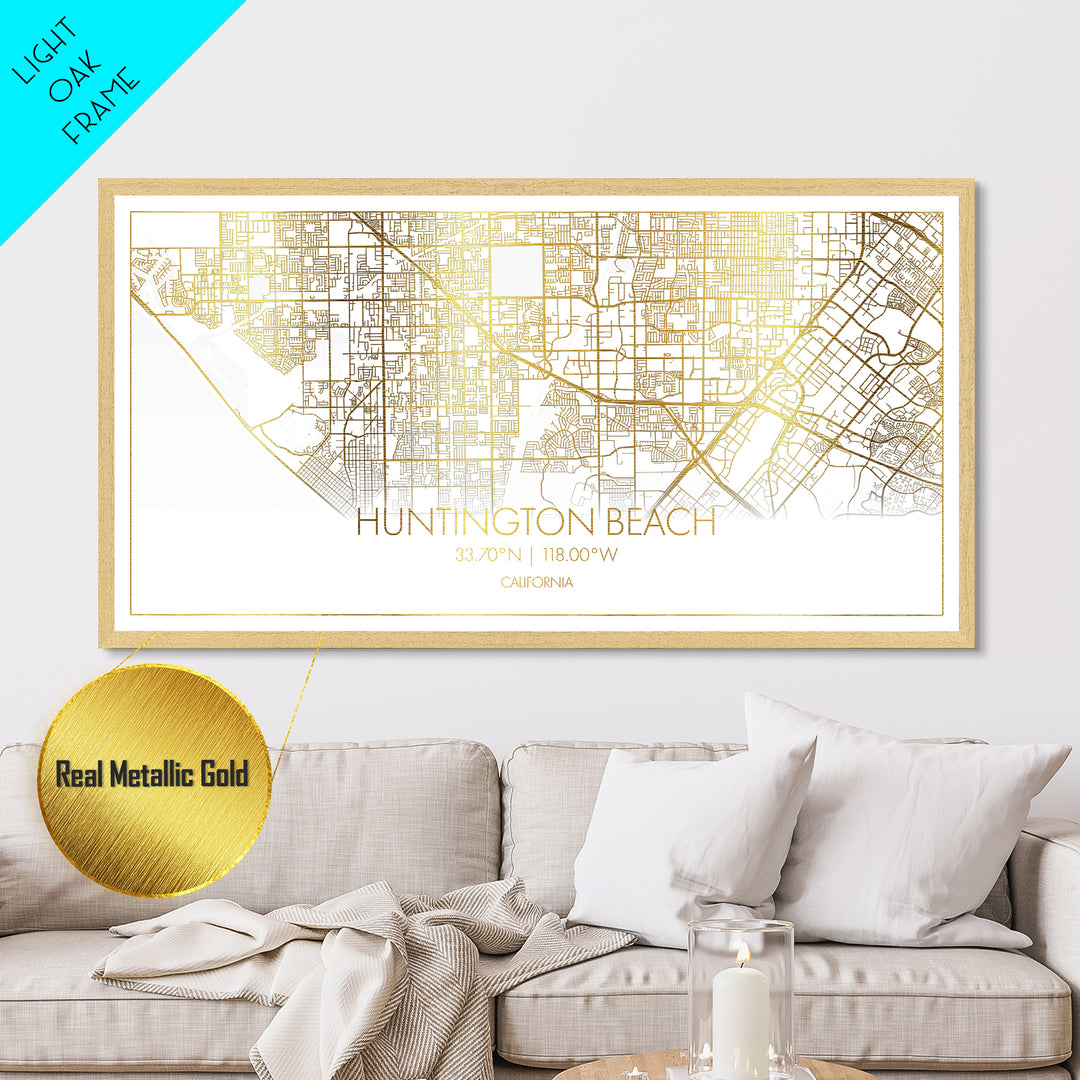 Huntington Beach California City Poster, Metallic Gold Art, Metal Art, real wood frames, black and gold, Street Map Wall Art, Office Decor