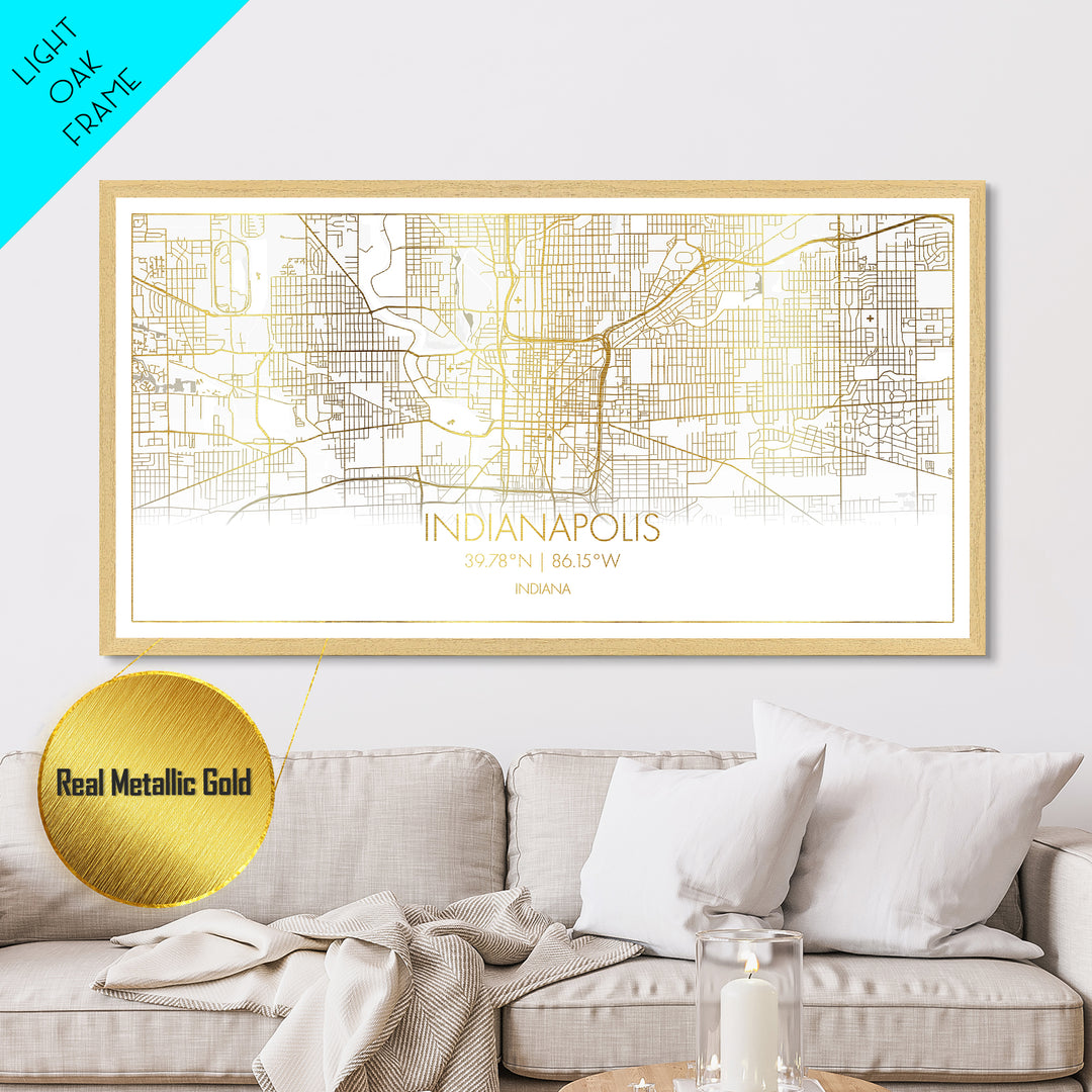 Indianapolis Indiana City Poster, Metallic Gold Art, Metal Art, real wood frames, black and gold, Street Map Wall Art, Map Print Poster