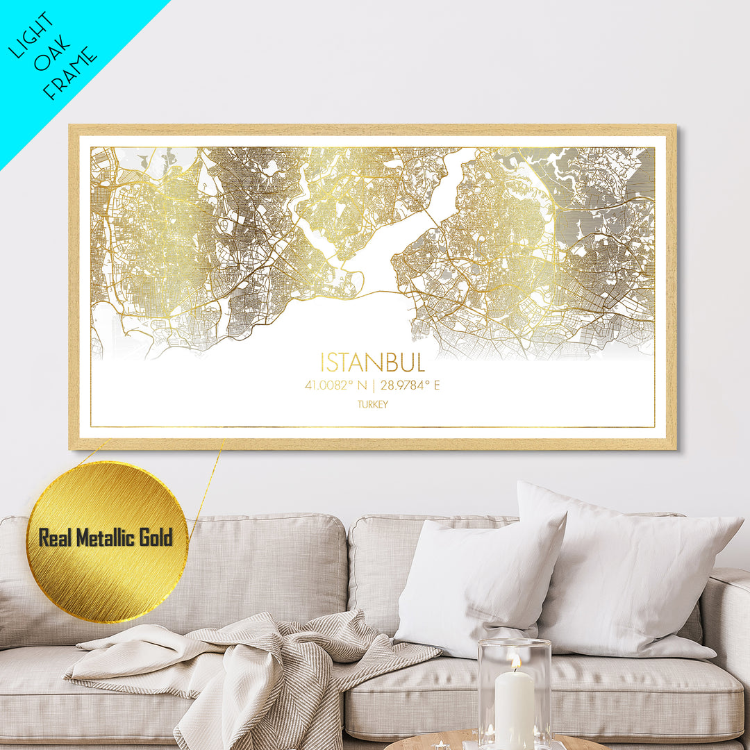 Istanbul Turkey City Poster, Metallic Gold Art, Metal Art, real wood frames, black and gold, Street Map Wall Art, Housewarming Gift