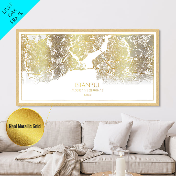 Istanbul Turkey City Poster, Metallic Gold Art, Metal Art, real wood frames, black and gold, Street Map Wall Art, Housewarming Gift