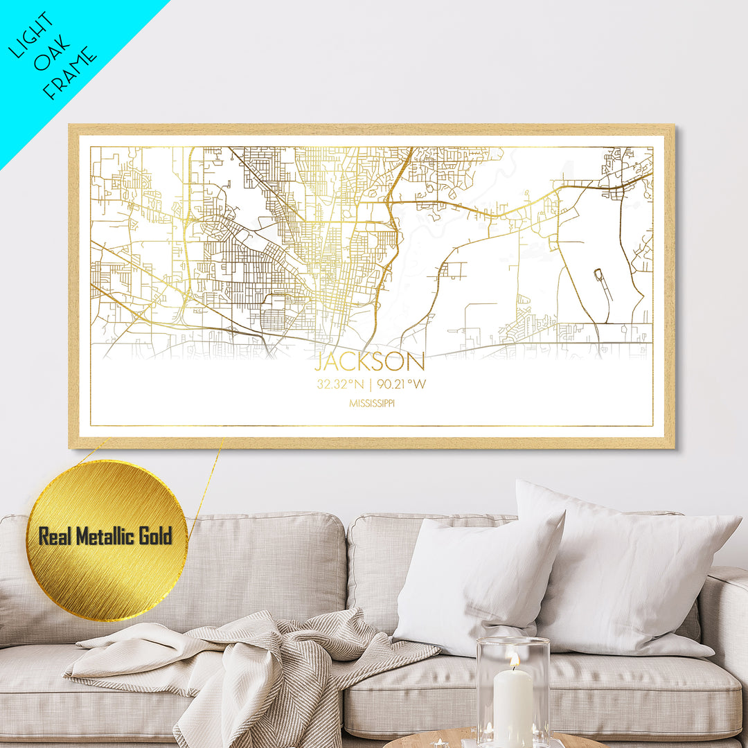 Jackson Mississippi City street map, Metallic Gold Print, Metal Art, wood framed map, black and gold, Street Map Art, Map Art