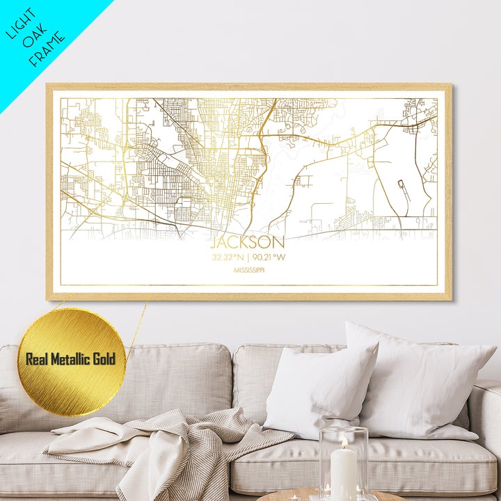Jackson Mississippi City street map, Metallic Gold Print, Metal Art, wood framed map, black and gold, Street Map Art, Map Art