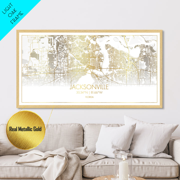 Jacksonville Florida City Poster, Metallic Gold Art, Metal Art, real wood frames, black and gold, Street Map Wall Art, Office Decor