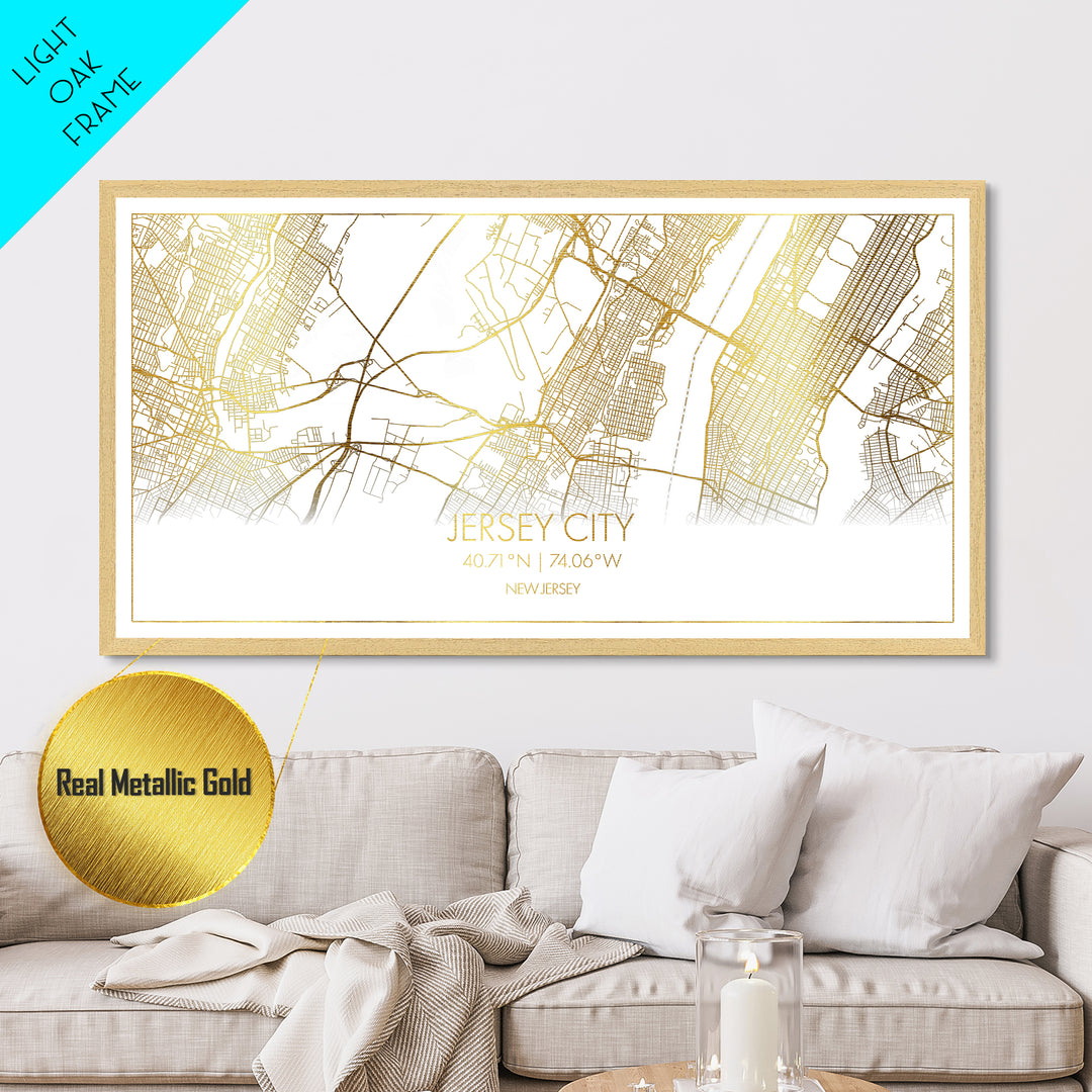 Jersey City New Jersey City Poster, Metallic Gold Art, Metal Art, real wood frames, black and gold, Street Map Wall Art, College Dorm Décor
