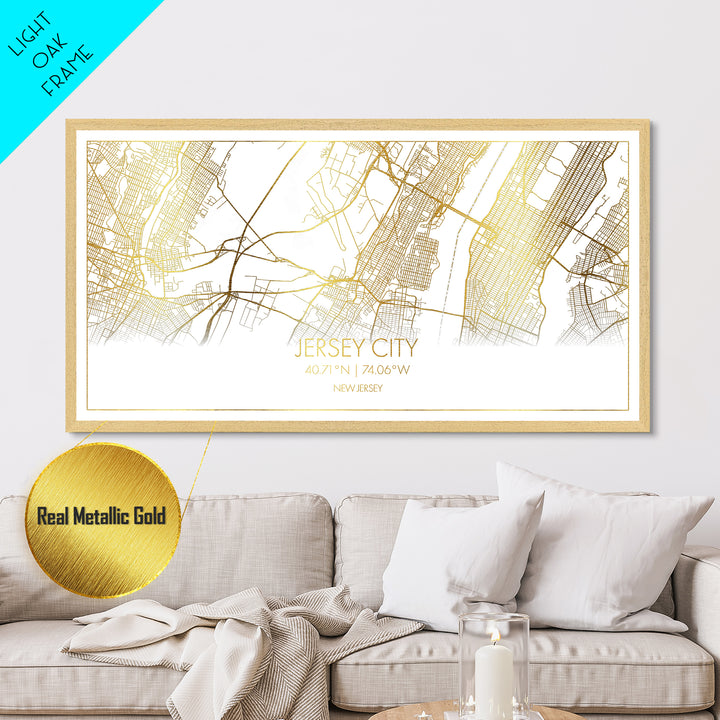 Jersey City New Jersey City Poster, Metallic Gold Art, Metal Art, real wood frames, black and gold, Street Map Wall Art, College Dorm Décor