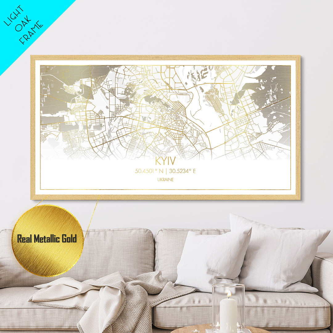 Kyiv Ukraine City street map, Metallic Gold Print, Metal Art, wood framed map, black and gold, Street Map Wall Art, Travel Poster