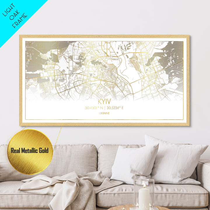 Kyiv Ukraine City street map, Metallic Gold Print, Metal Art, wood framed map, black and gold, Street Map Wall Art, Travel Poster