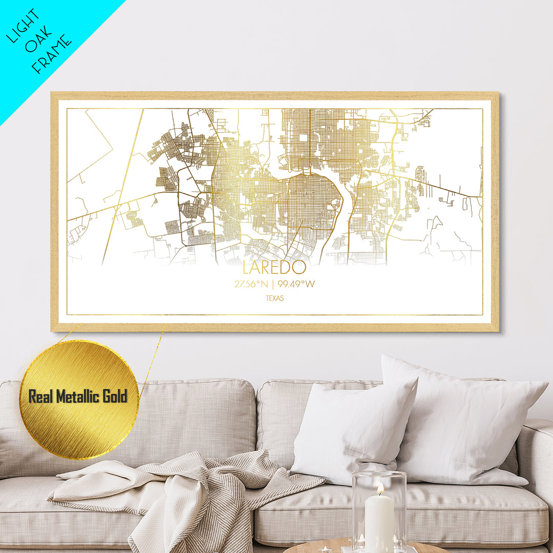 Laredo Texas City Poster, Metallic Gold Art, Metal Art, real wood frames, black and gold, Street Map Art, Modern House Art