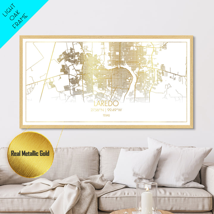 Laredo Texas City Poster, Metallic Gold Art, Metal Art, real wood frames, black and gold, Street Map Art, Modern House Art