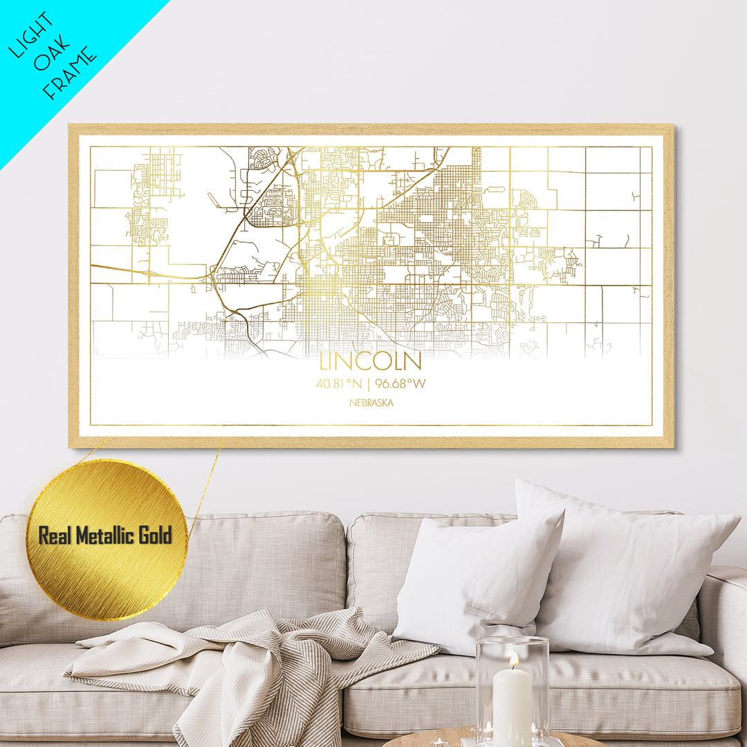Lincoln Nebraska City Poster, Metallic Gold Art, Metal Art, real wood frames, black and gold, Street Map Art, Best Friend Gifts