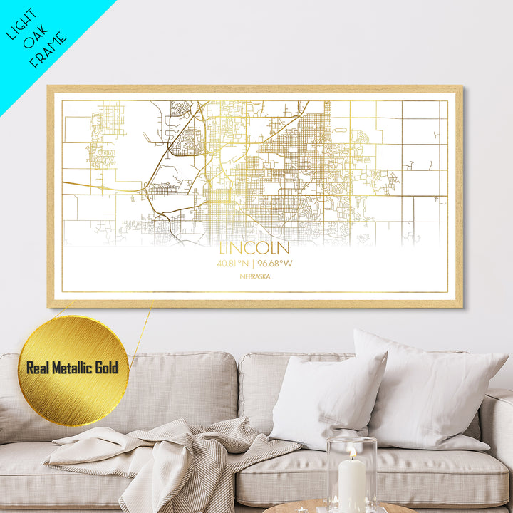 Lincoln Nebraska City Poster, Metallic Gold Art, Metal Art, real wood frames, black and gold, Street Map Art, Best Friend Gifts