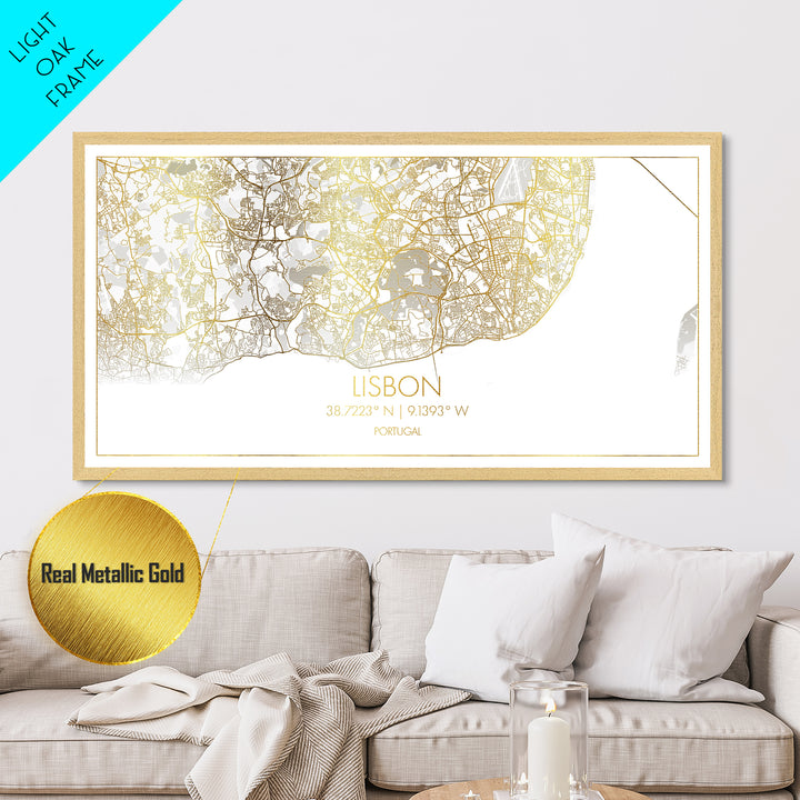 Lisbon Portugal City street map, Metallic Gold Print, Metal Art, wood framed map, black and gold, Travel Poster, Modern Wall Art
