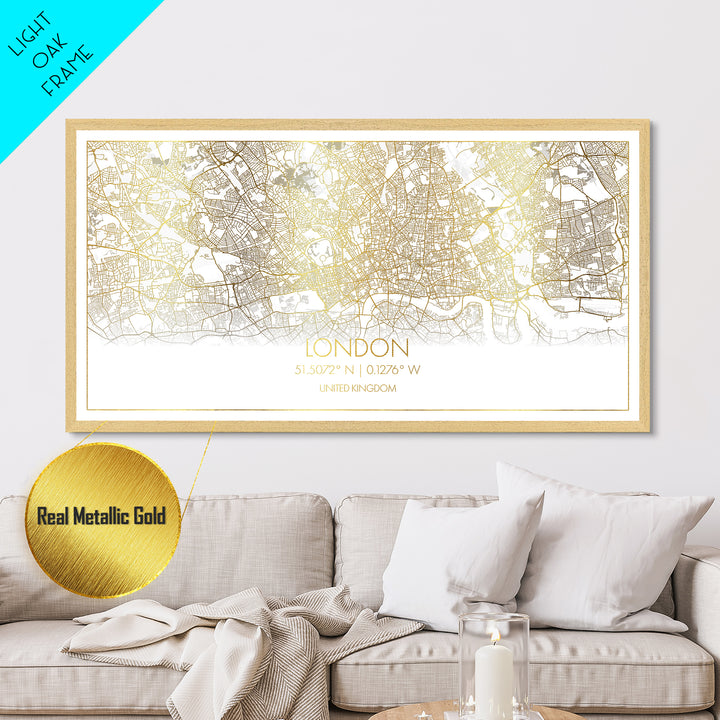 London United Kingdom City street map, Metallic Gold Print, Metal Art, wood framed map, black and gold, Street Map Wall Art, Housewarming Gift