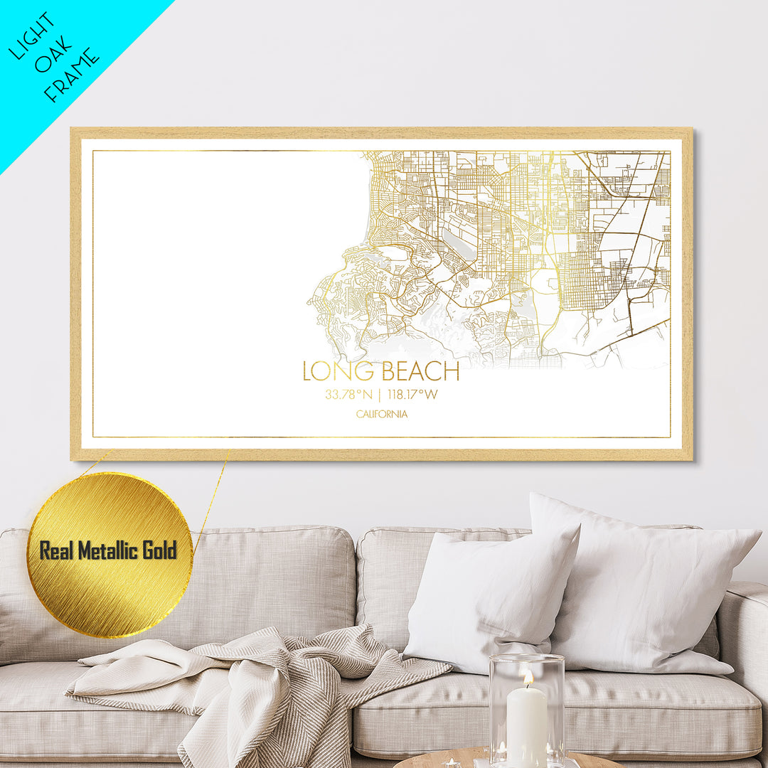 Long Beach California City Poster, Metallic Gold Art, Metal Art, real wood frames, black and gold, Gold Street Map Art, Minimalist Wall Art