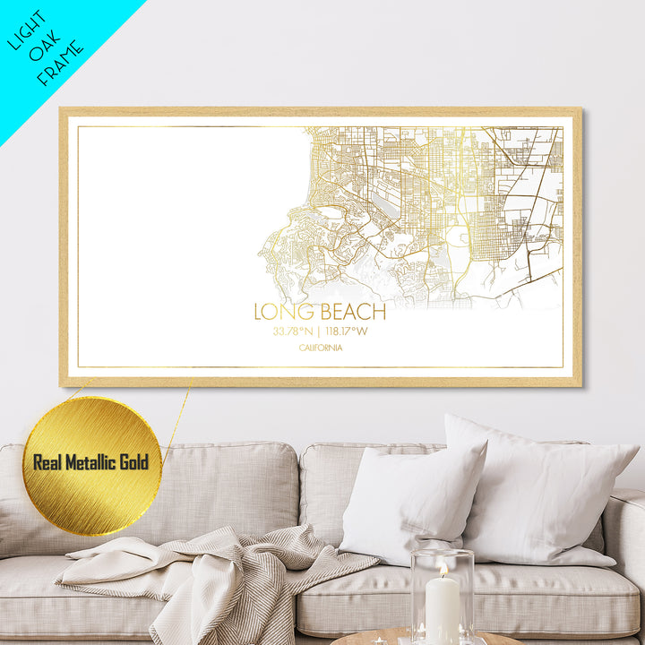 Long Beach California City Poster, Metallic Gold Art, Metal Art, real wood frames, black and gold, Gold Street Map Art, Minimalist Wall Art