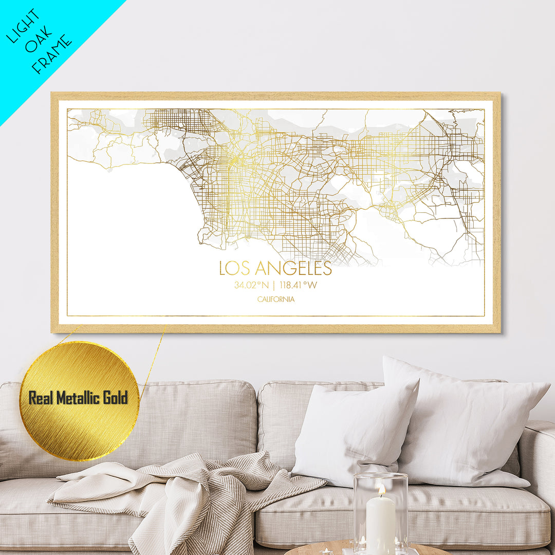 Los Angeles California City street map, Metallic Gold Print, Metal Art, wood framed map, black and gold, Street Map Art, Travel Poster