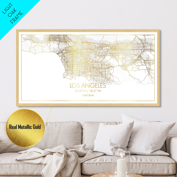 Los Angeles California City street map, Metallic Gold Print, Metal Art, wood framed map, black and gold, Street Map Art, Travel Poster