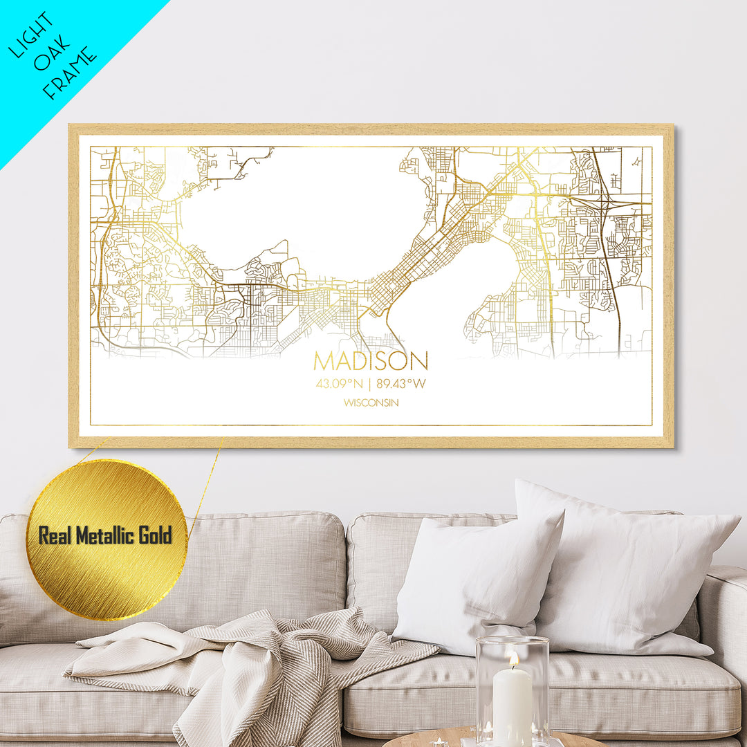 Madison Wisconsin City Poster, Metallic Gold Art, Metal Art, real wood frames, black and gold, Travel Poster, Minimalist Wall Art