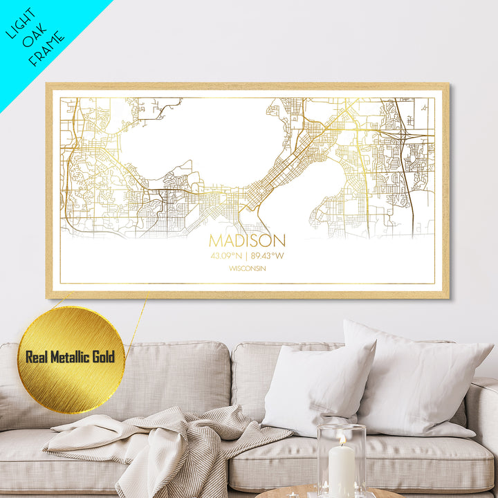 Madison Wisconsin City Poster, Metallic Gold Art, Metal Art, real wood frames, black and gold, Travel Poster, Minimalist Wall Art