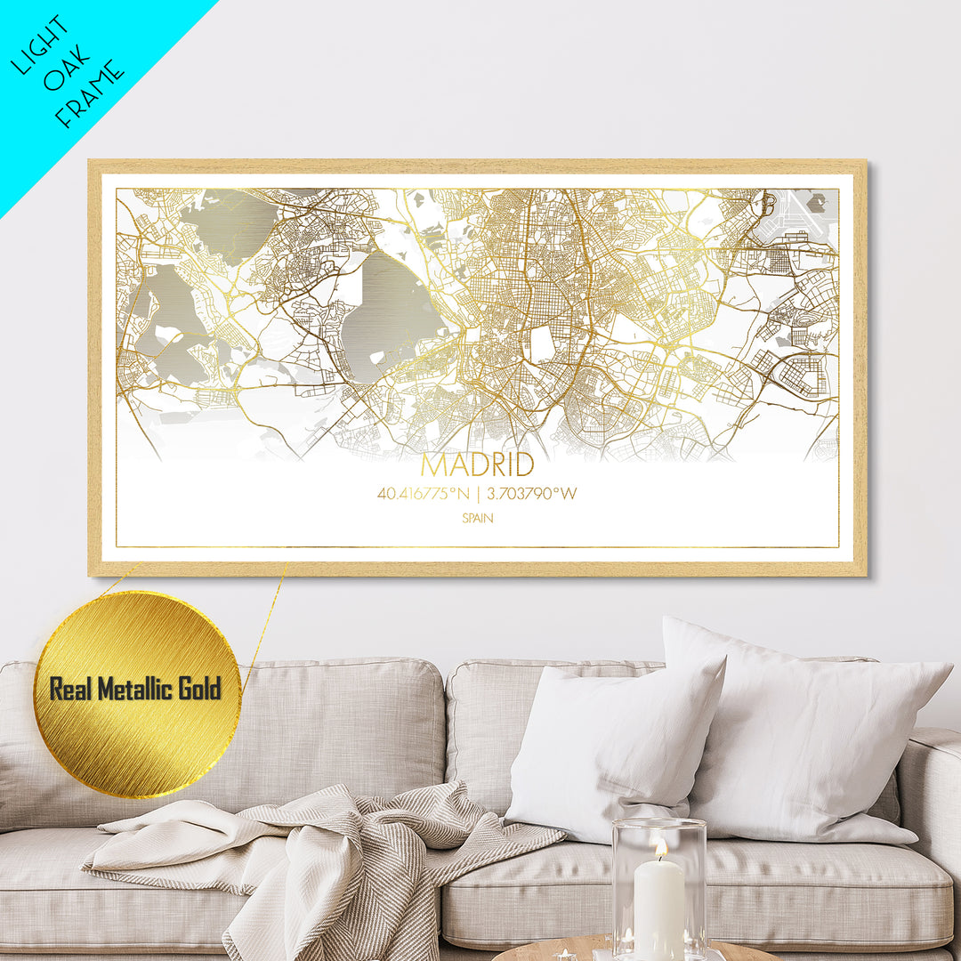Madrid Spain City street map, Metallic Gold Print, Metal Art, wood framed map, black and gold, Street Map Wall Art, College Dorm Décor