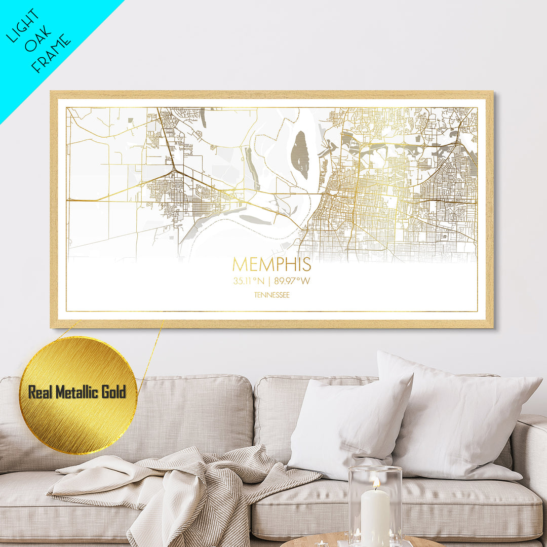 Memphis Tennessee City Poster, Metallic Gold Art, Metal Art, real wood frames, black and gold, Street Map Art, Housewarming Gift