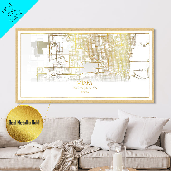 Miami Florida City Poster, Metallic Gold Art, Metal Art, real wood frames, black and gold, Street Map Art, Map Print Poster