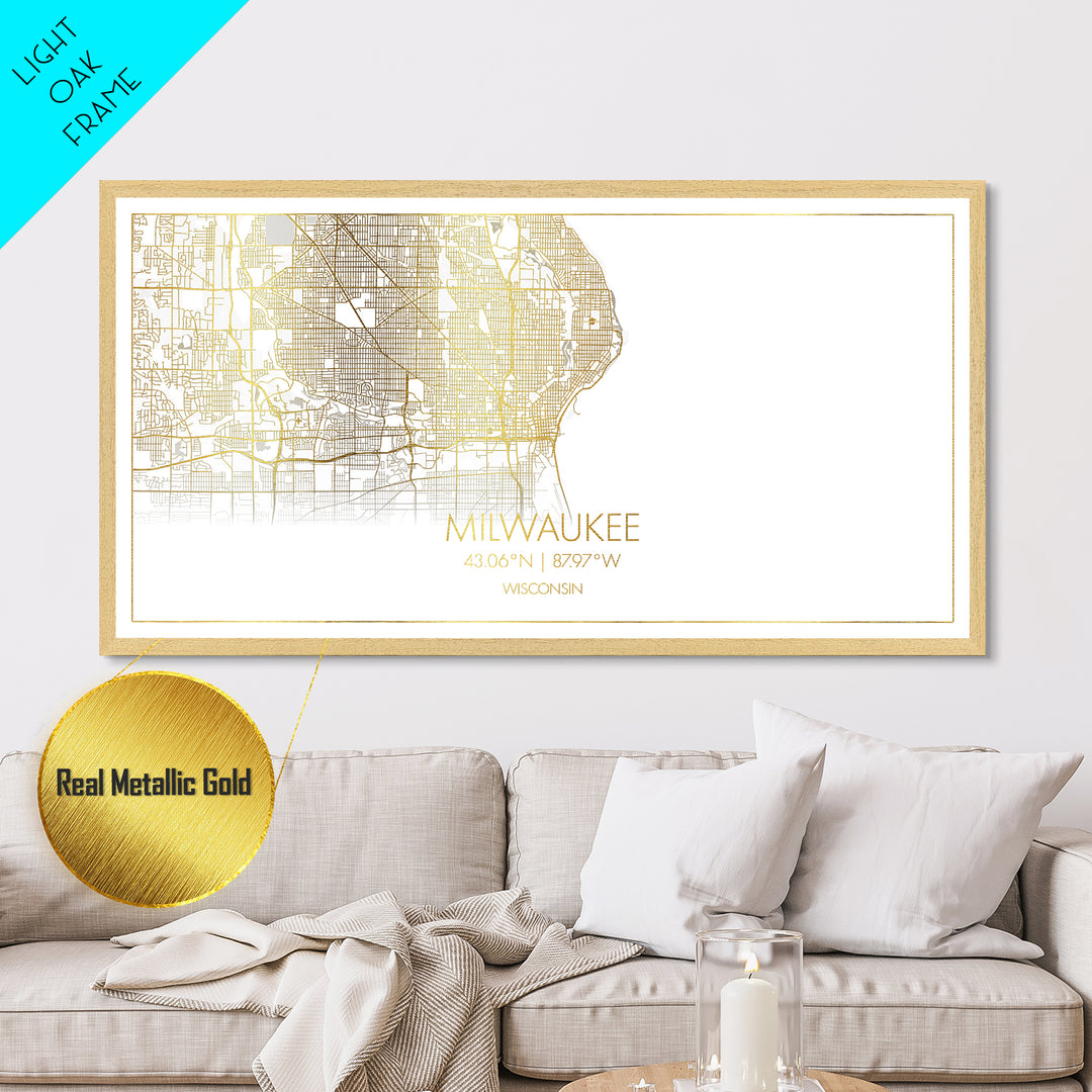 Milwaukee Wisconsin City Poster, Metallic Gold Art, Metal Art, real wood frames, black and gold, Street Map Art, Map Art