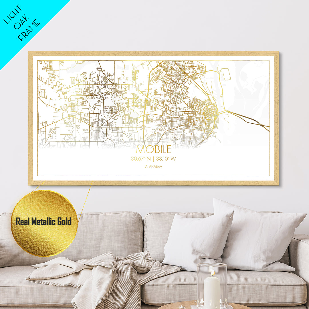 Mobile Alabama City Poster, Metallic Gold Art, Metal Art, real wood frames, black and gold, Street Map Art, Housewarming Gift