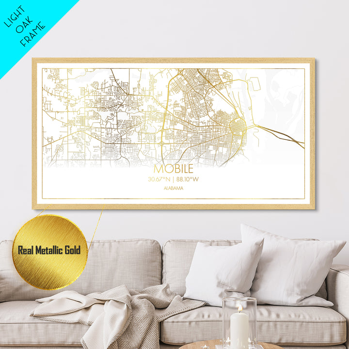 Mobile Alabama City Poster, Metallic Gold Art, Metal Art, real wood frames, black and gold, Street Map Art, Housewarming Gift