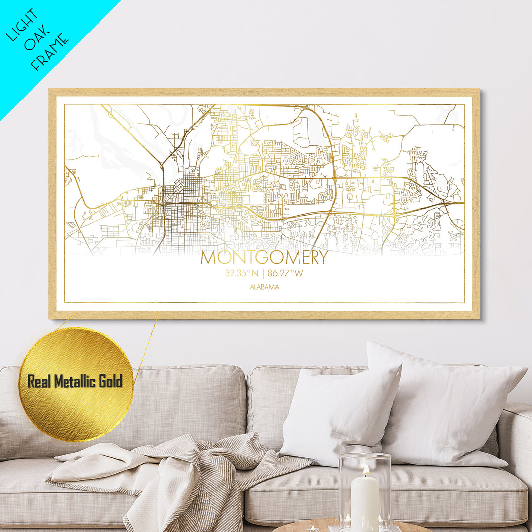 Montgomery Alabama City Poster, Metallic Gold Art, Metal Art, real wood frames, black and gold, Street Map Art, Office Decor