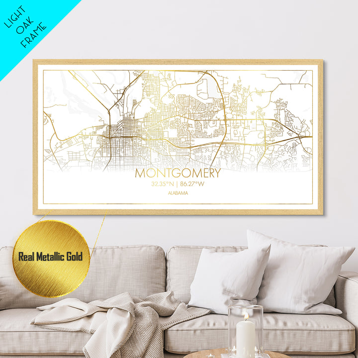 Montgomery Alabama City Poster, Metallic Gold Art, Metal Art, real wood frames, black and gold, Street Map Art, Office Decor