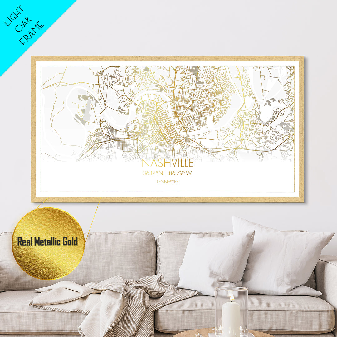 Nashville Tennessee City Poster, Metallic Gold Art, Metal Art, real wood frames, black and gold, Street Map Art, Map Art