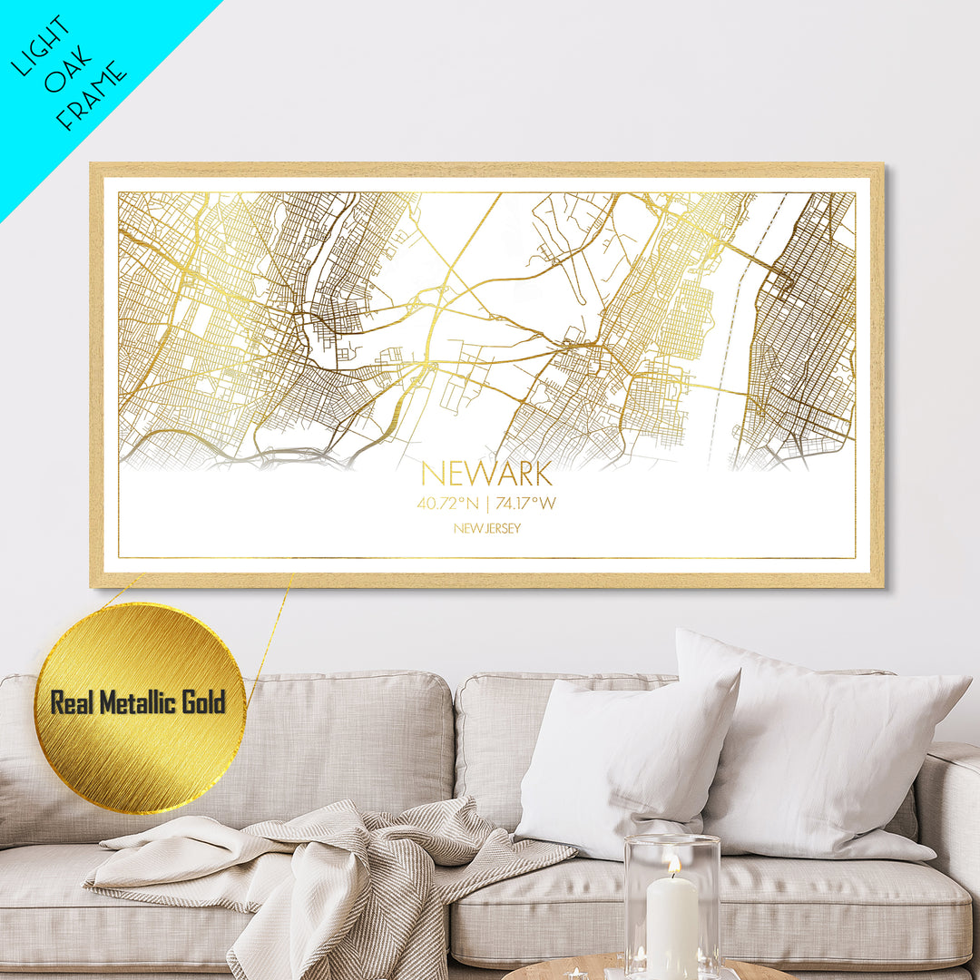 Newark New Jersey City street map, Metallic Gold Print, Metal Art, wood framed map, black and gold, Street Map Wall Art, Office Decor