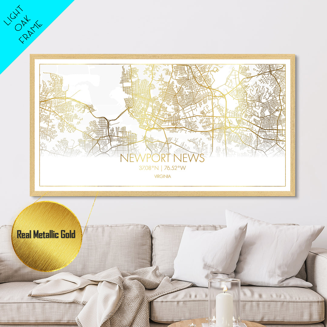 Newport News Virginia City street map, Metallic Gold Print, Metal Art, wood framed map, black and gold, Street Map Wall Art, Travel Poster
