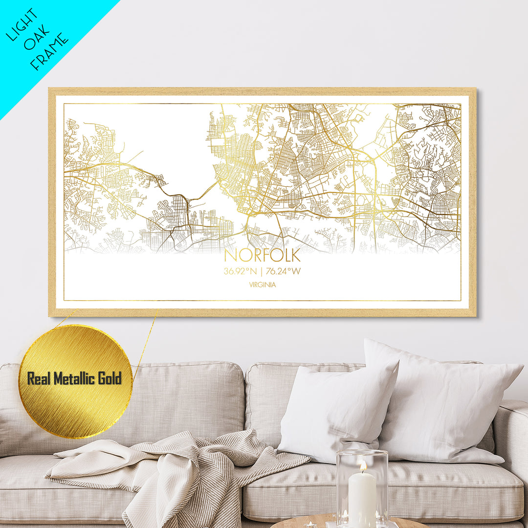 Norfolk Virginia City street map, Metallic Gold Print, Metal Art, wood framed map, black and gold, Street Map Wall Art, Best Friend Gifts