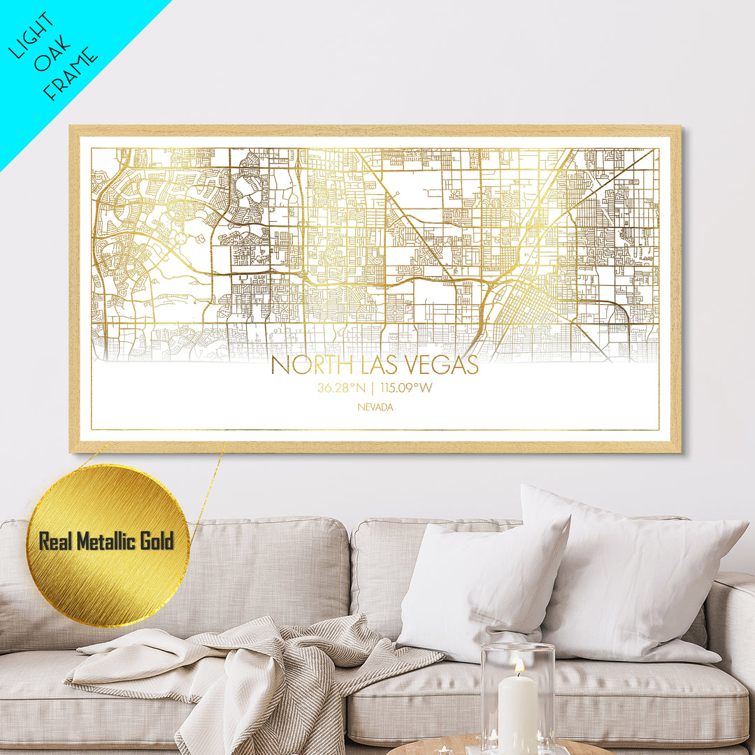 North Las Vegas Nevada City Poster, Metallic Gold Art, Metal Art, real wood frames, black and gold, Street Map Art, Modern House Art